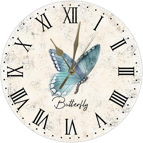 Reloj de madera de mariposa antigua, reloj de pared redondo de 15 pulgadas, funciona con pilas, silencioso sin tictac, reloj de pared colgante para