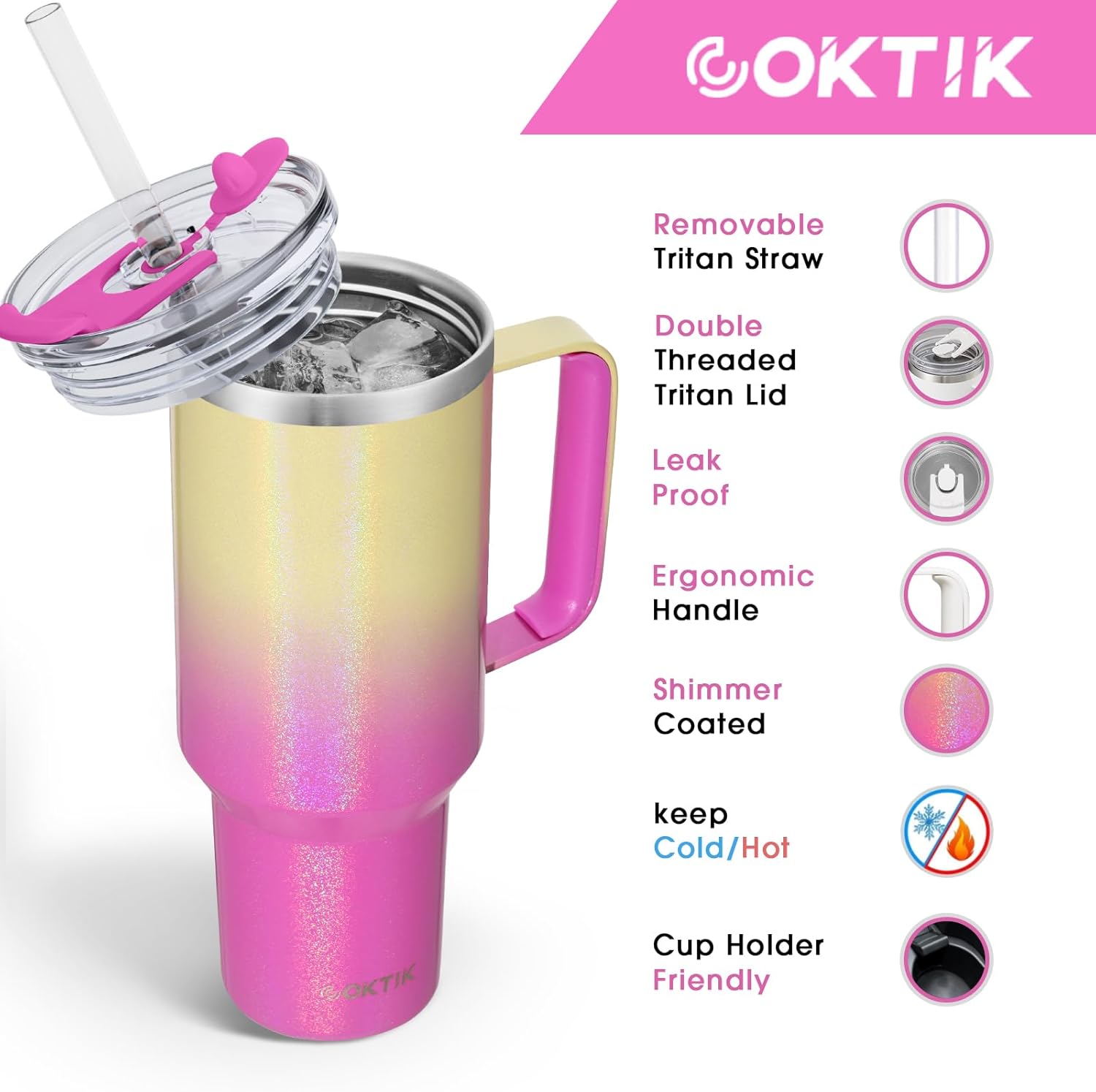 COKTIK 40 oz Tumbler With Handle and Straw, Insulated Tumbler With Leakproof Lids, Stainless Steel|BPA-Free, Cold for 24 H (Glitter Rainbow) - Image 2