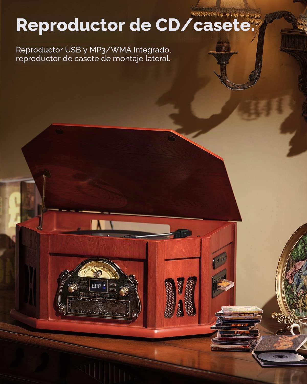 ORCC - Tocadiscos vintage 10 en 1, con tarjeta de regalo, tocadiscos de vinilo para 33/45/78 RPM, reproducción de CD/USB/SD, Bluetooth y control remoto, radio FM/AM para amantes de la música, madera