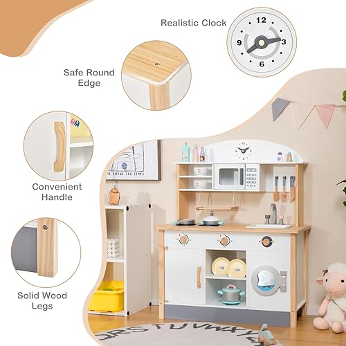Miniatura 8 de Costzon Juego de cocina para niños, juguete de cocina de madera con fregadero y grifo, microondas, estante para platos, lavadora, cocina de juego
