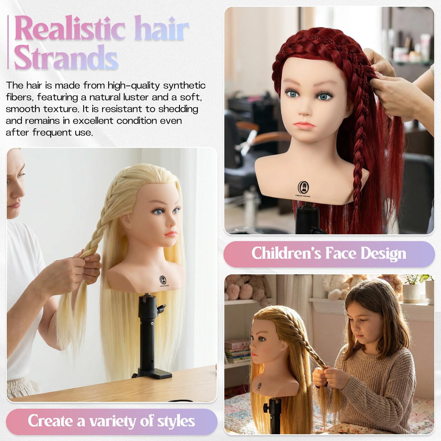 Mannequin Head 20-21" Synthetic Fiber Hair with Clip-on Stand Set,Practice Head Doll Head for Hair Styling Kids Hairdresser Training Doll Head (Red)