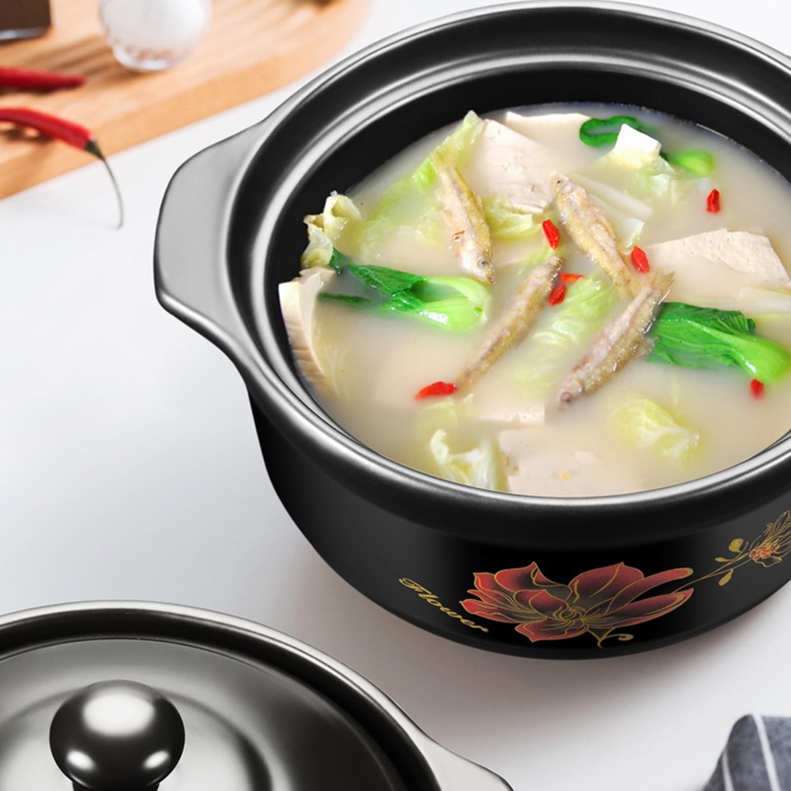 Cacerolas, guisos con tapa, olla de barro china resistente al calor, for caldo o sopa(1.1L/1Quarts)