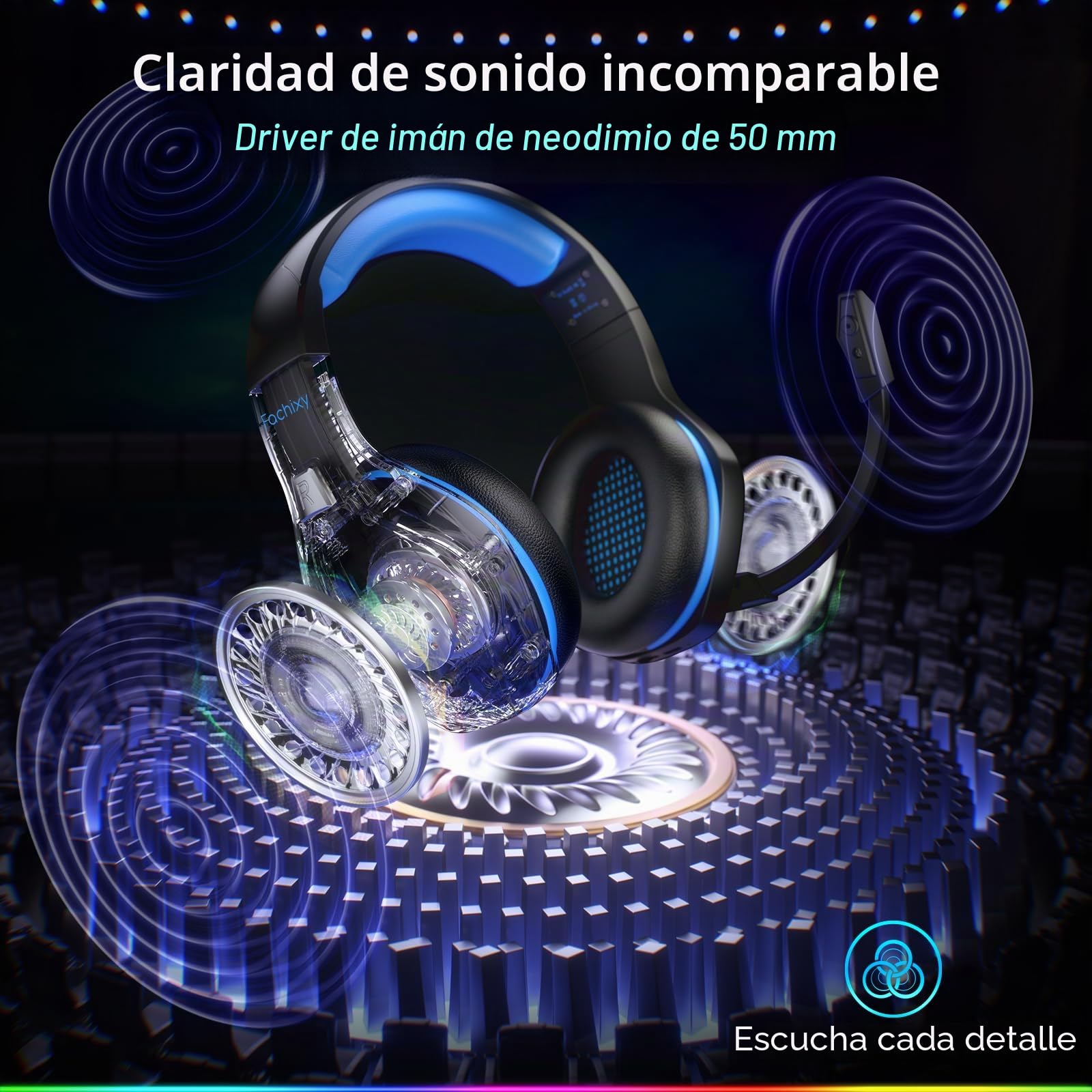 Fachixy FC100 - Auriculares inalámbricos con micrófono, 2,4 G, para PS5, PS4, PC, Switch, Mac, Sonido Envolvente, Bluetooth, Auriculares inalámbricos con luz LED, más de 50 Horas de duración de la