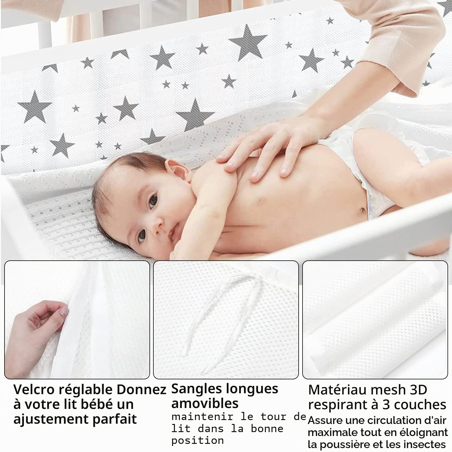 Tour de lit Bébé Cabane, Tours de Lit en Maille Respirant, Contour de Lit Bébé Respirant, Doublure en Maille 4 Côtés, Contour de Lit pour Bébé avec Circulation de l'air Doublure en Maille