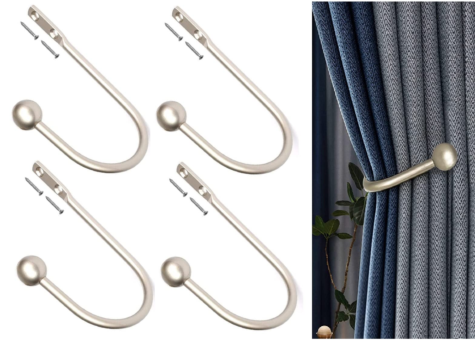 TERF® Raffhalter im traditionellen Vintage-Stil, U-förmig, silberfarben, für Vorhänge, Quastenhalter, Haken, Fenster-Wandmontage, Vorhang-Raffhalter, Haken mit Befestigungsschraube, 4 Stück