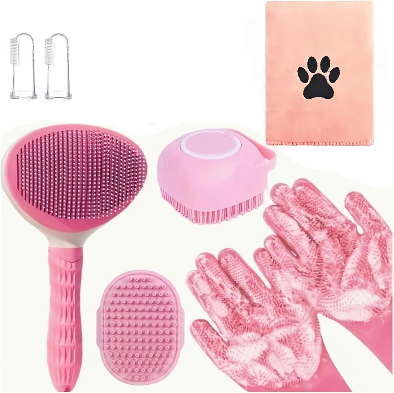 7-Piece Pet Grooming Kit (Includes Brush, Towel, Bathing Gloves), Suitable for Cats and Dogs(Pink 7-Piece Set)