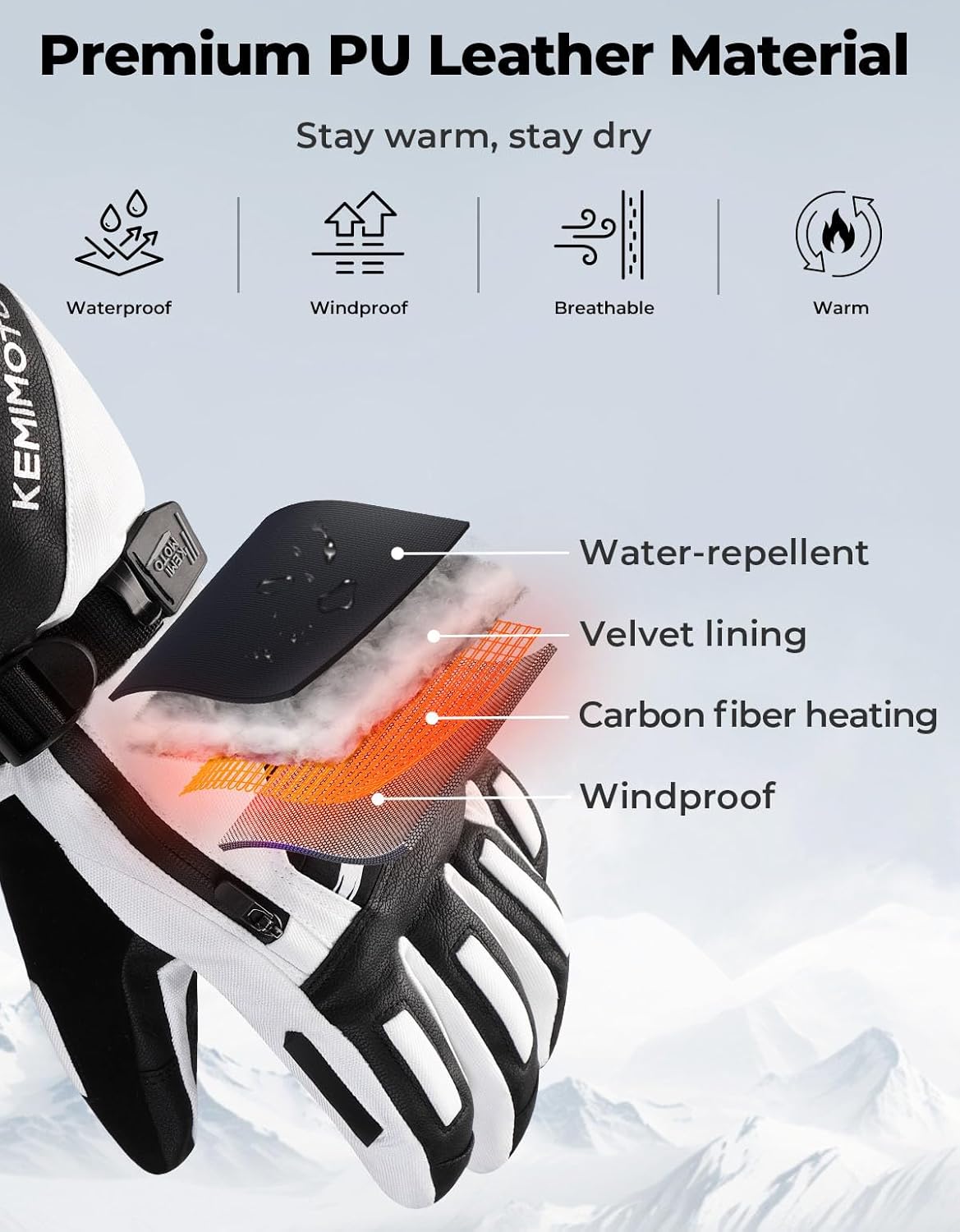 KEMIMOTO Heated Ski Gloves for Men Women, Waterproof Electric Heating Motorcycle Gloves with Touchscreen for Cold Weather Motorcycle Skiing Snowboarding Hiking - Image 3