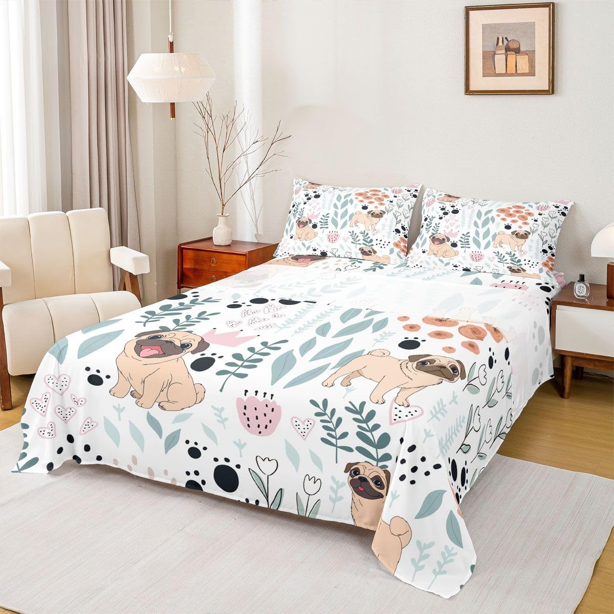 Erosebridal Kawaii Dog Sheet Set,Cartoon Pug Dog Bed Sheets Twin,Cute Love Heart Leaf Flower Bedding Set for Kids Girls Boys,Paw Print Pet Animals Fitted Sheet with 1 Pillow Case