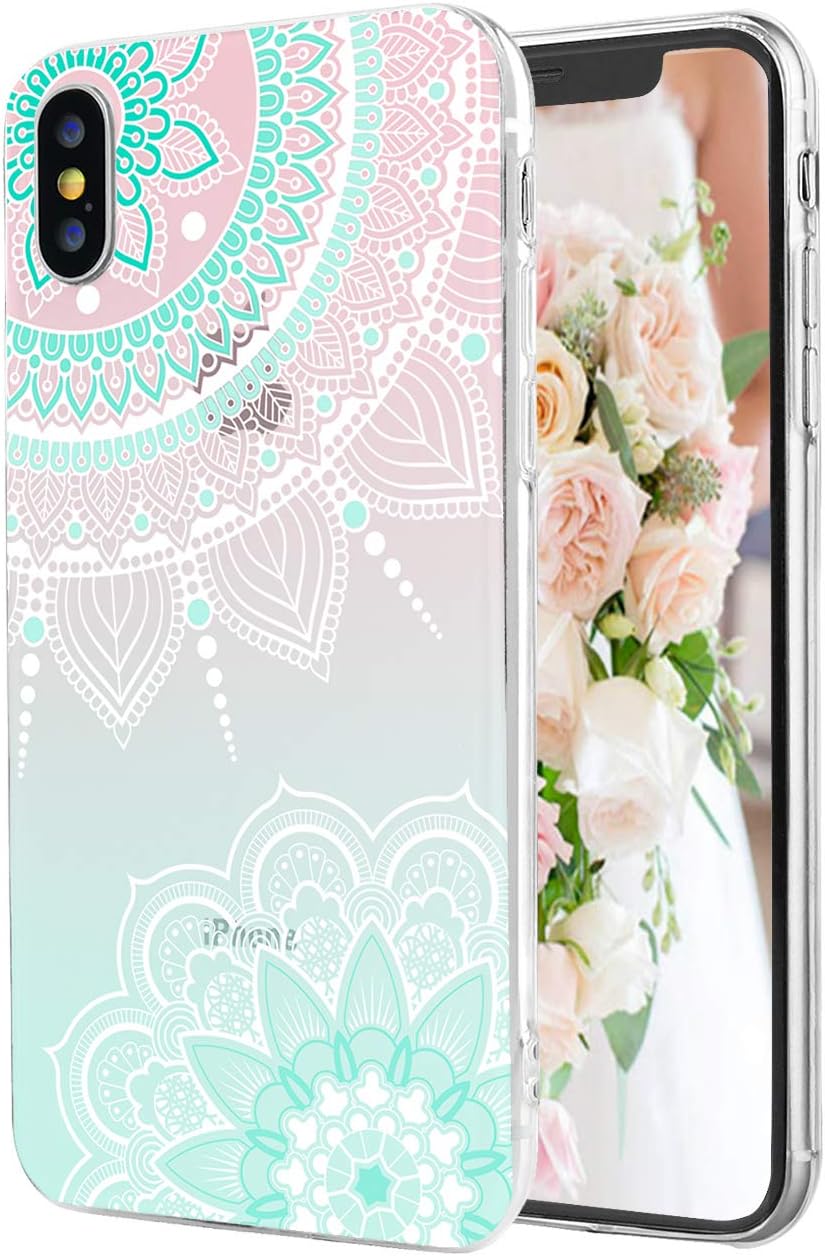 iPhone Xs Lace Paisley Case iPhone X Case White Blue Floral Gradient Pink Cyan Mandala Pattern Clear IMD Hybrid Hard TPU Shockproof Phone Cases for Women Girls[5.8"]