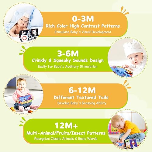 Miniatura 6 de Hamino Juguetes de espejo 3 en 1 para bebé, color blanco y negro, de alto contraste, con libro de tela arrugada, muñeca de tiburón, mordedor