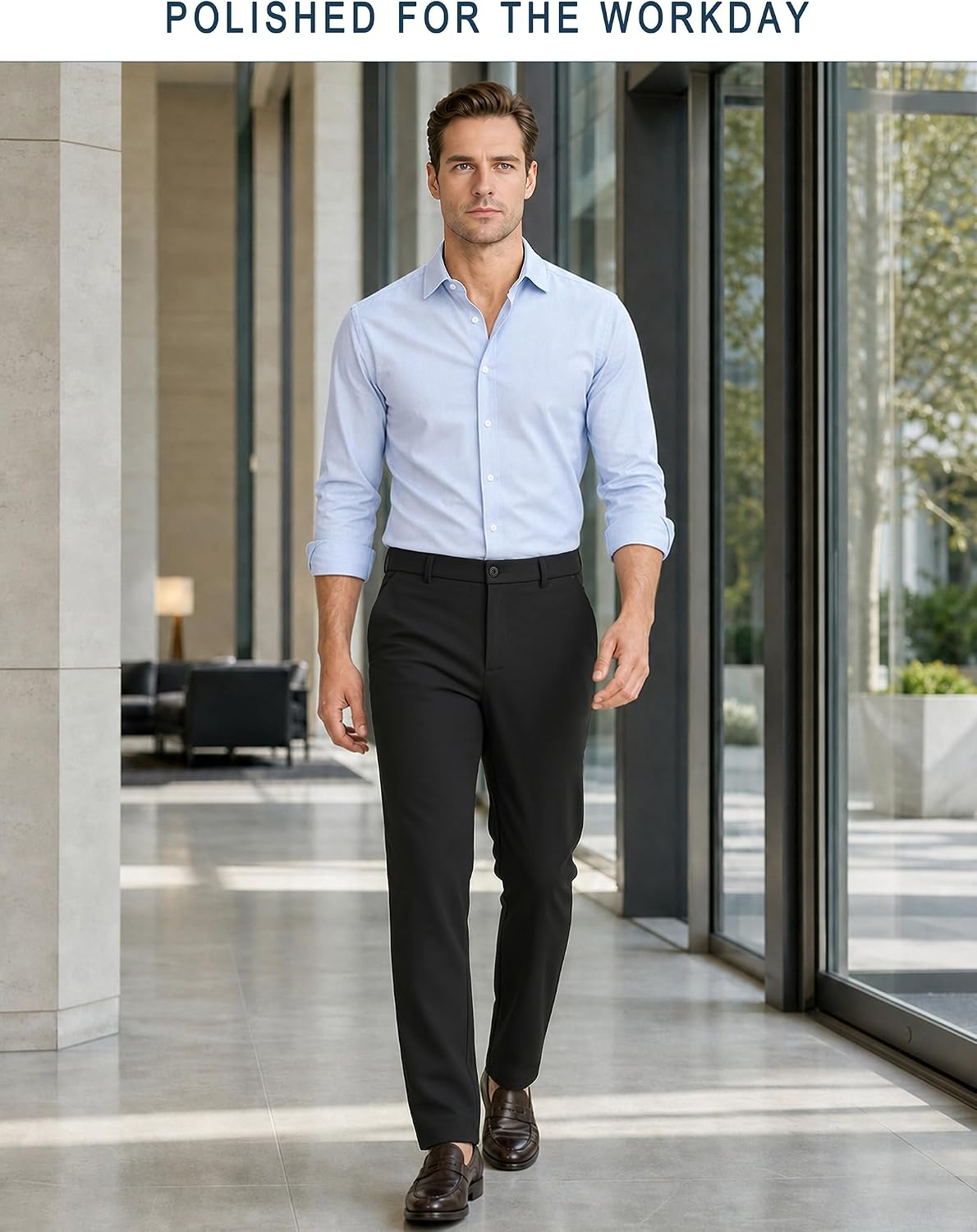 Plaid&Plain Men's 4-Way Flex Stretch Slim Fit Dress Pants