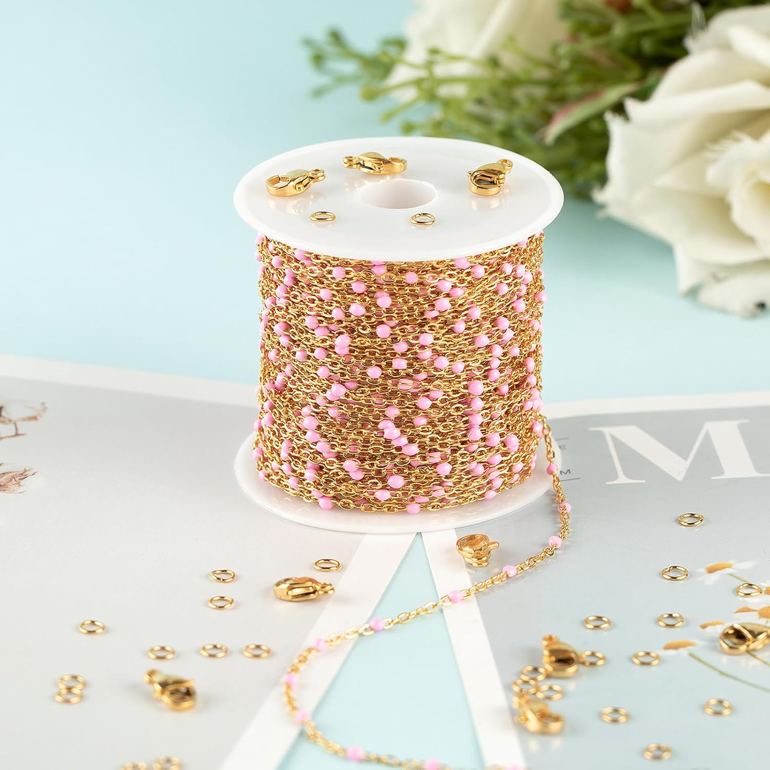 UMAOKANG 33 Feet Pink Bead Chain for Jewelry Making - Gold Plated Stainless Steel DIY Jewelry Supplies - Image 7