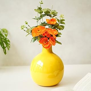 BEHOMA Metal Flower Vase for Home Dcor Living Room Office Wedding Table Decorative Item for Festivals Birthday Sunshine Yellow 1Pcs (Flower Not Included, Round)