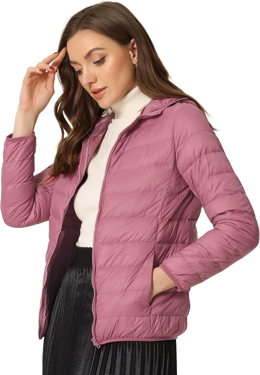 Allegra K Women's Puffer Coat Winter Long Sleeve Zip Up Hooded Lightweight Packable Down Jacket