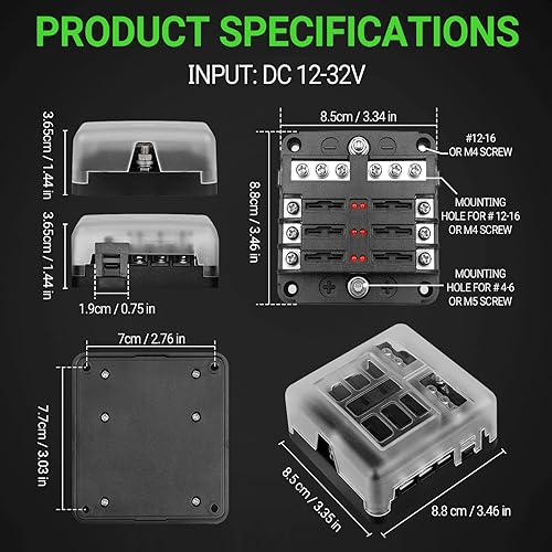 Miniatura 6 de Kit de caja de fusibles de 12 V con panel de fusibles a prueba de humedad, indicador de advertencia LED para motocicletas automotrices marinas RV,