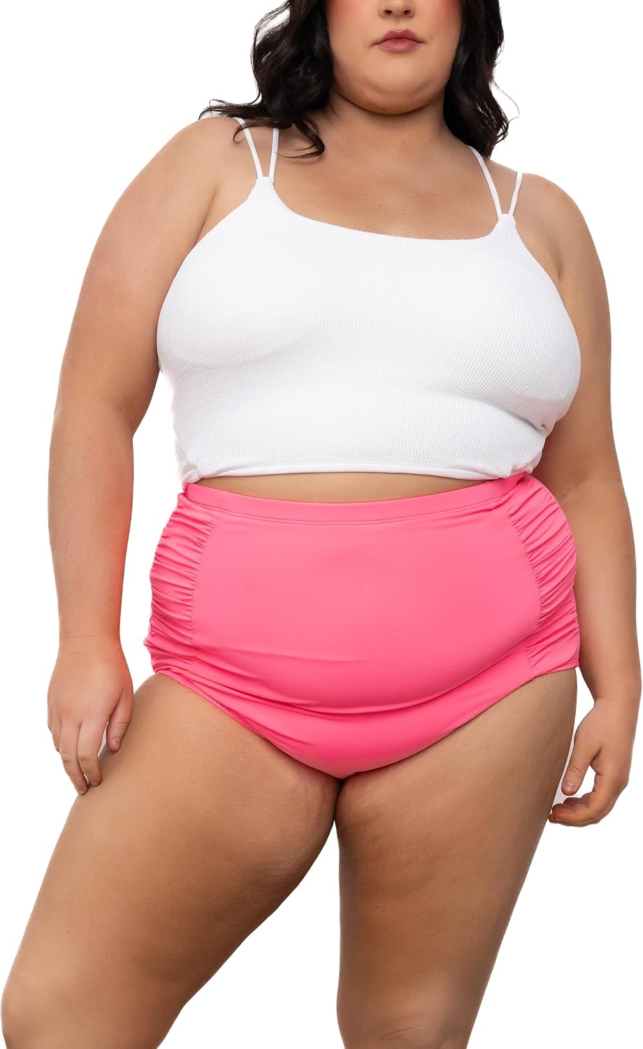 Coral Reef Swim Tankini Swimsuits for Women - White Double Strap Tankini Top & Pink Ultra High Rise Ruched Bottoms (XXS-3XL)
