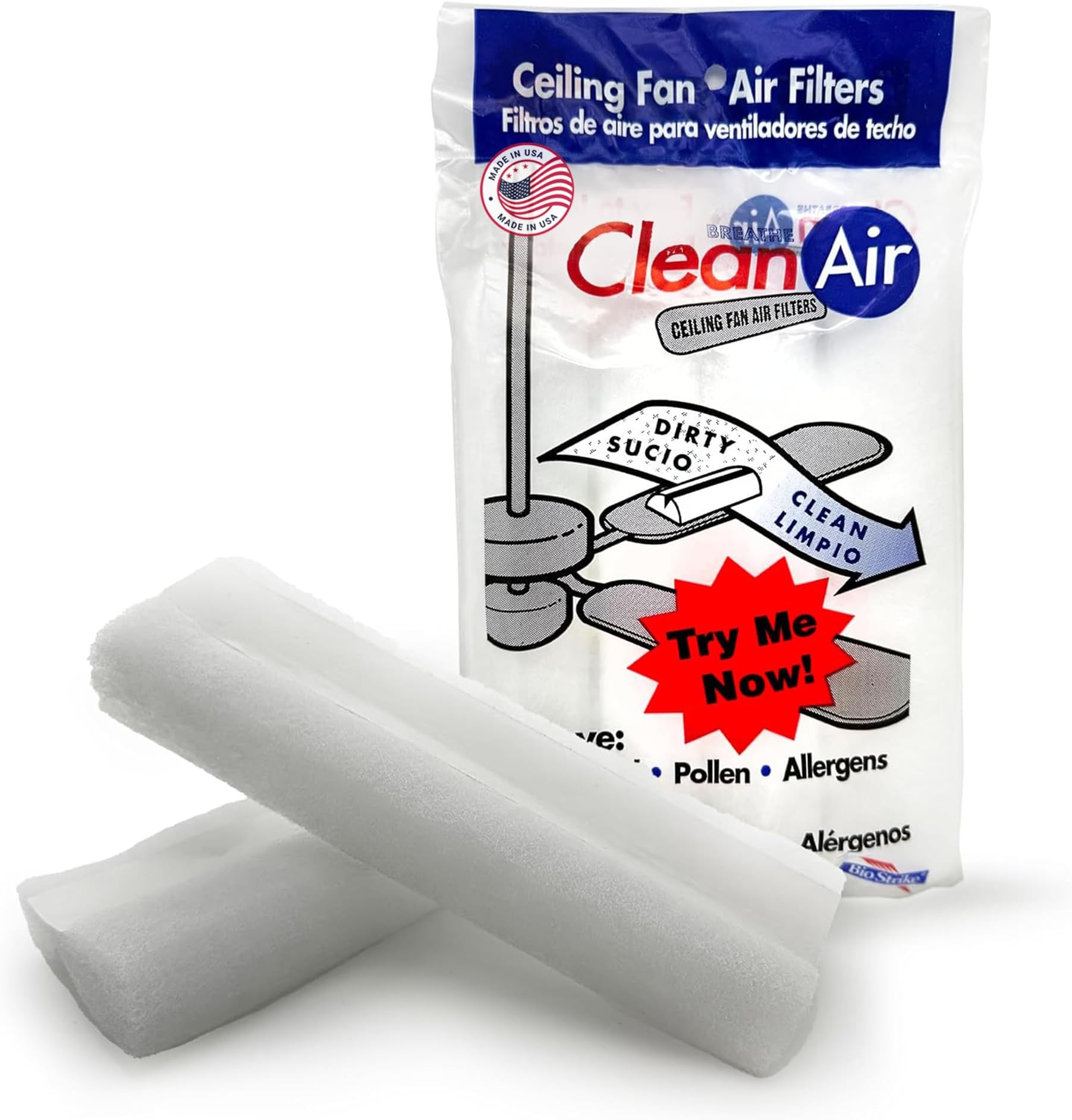 BioStrike Ceiling Fan Air Filters for Blades - Dust & Allergen Catcher - Peel & Stick, Universal Fit - Fan Blade Filter Air Purifier Pads - Made in USA - 1 Pack (Includes 2 Filters)