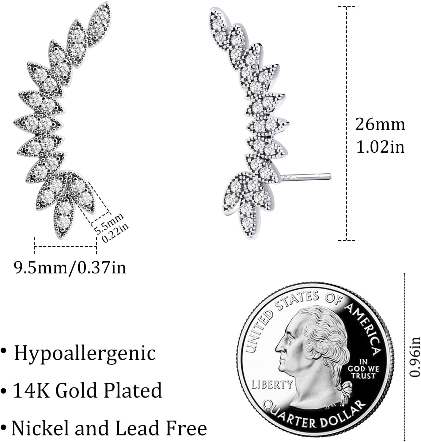 Silver Leaf Cubic Zirconia Earrings Studs for Women, Hypoallergenic Jewelry for Women with Sterling Silver Post - Image 5