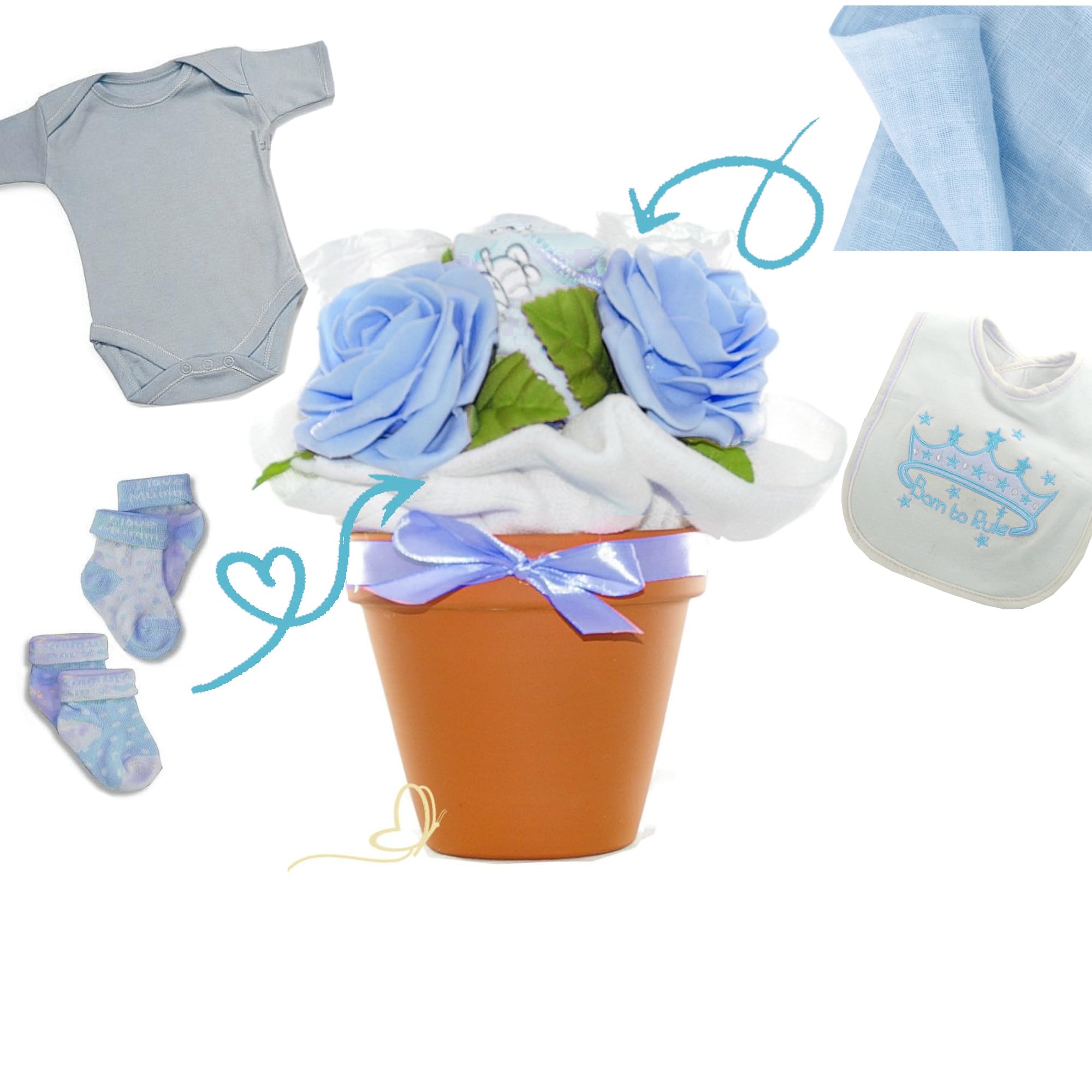 Baby Blumentopf | Windeln, Babytextilien und Rosendeko - Baby Blumenstrauß | Geschenk zur Babyparty Babyshower & Geburt (blau)