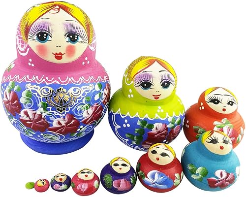 Winterworm Juego de 10 muñecas de anidación de oro azul rosa adorable Matryoshka Madness muñeca rusa popular hecho a mano para niños niñas regalos