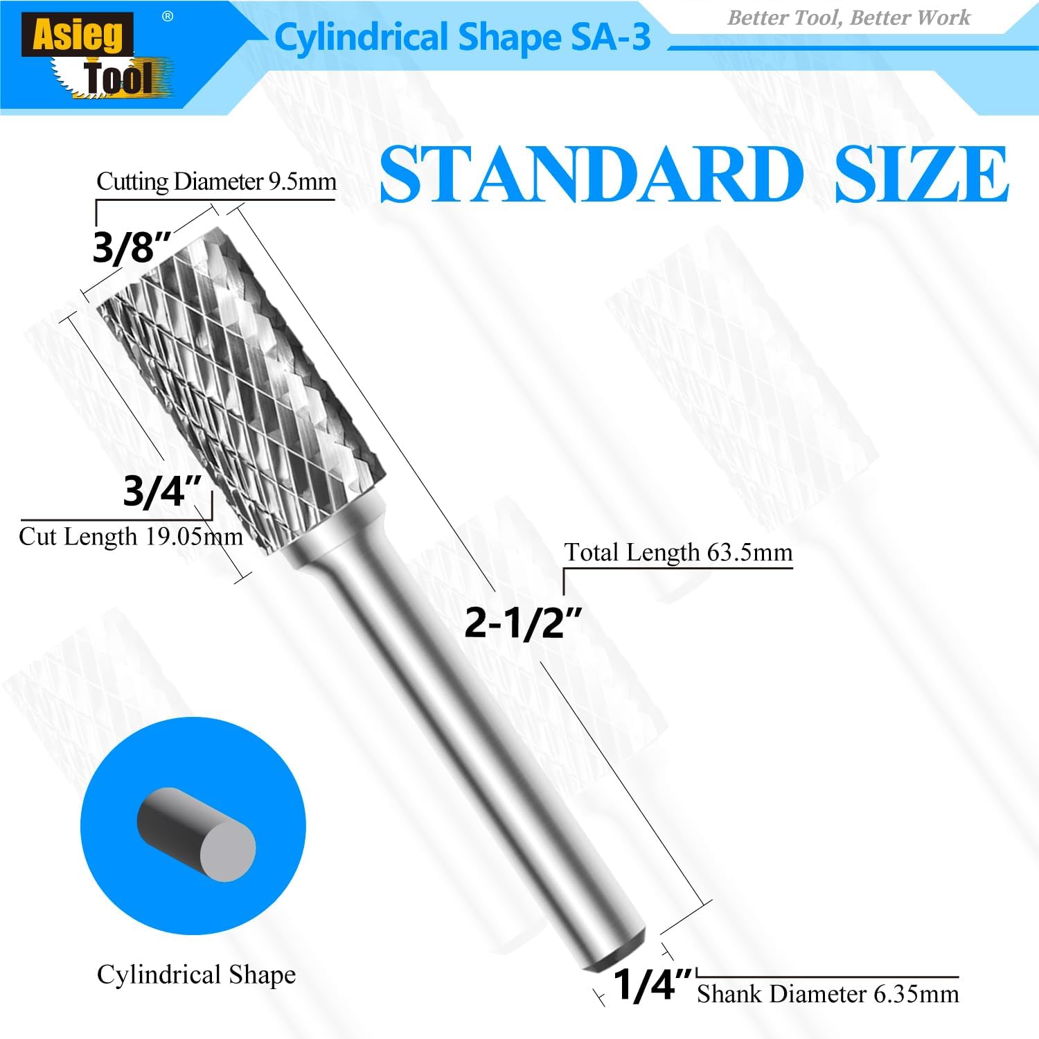 SA-3 Tungsten Carbide Burr Rotary File Cylindrical Shape Double Cut for Die Grinder Drill Bits 1/4'' Inch Diameter of Shank and 3/8'' Inch Diameter of Cutter 3/4'' Inch Cutter Length