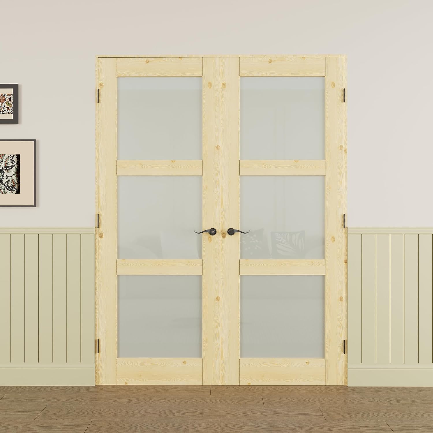 Prehung French Door 60" x 80" (2x30 in), Tempered Frosted Glass & Pine Wood Door Slabs with Jamb, Black Hinges, 4 Levers & Latch, Solid Core Interior Door, Unfinished Double Doors Interior