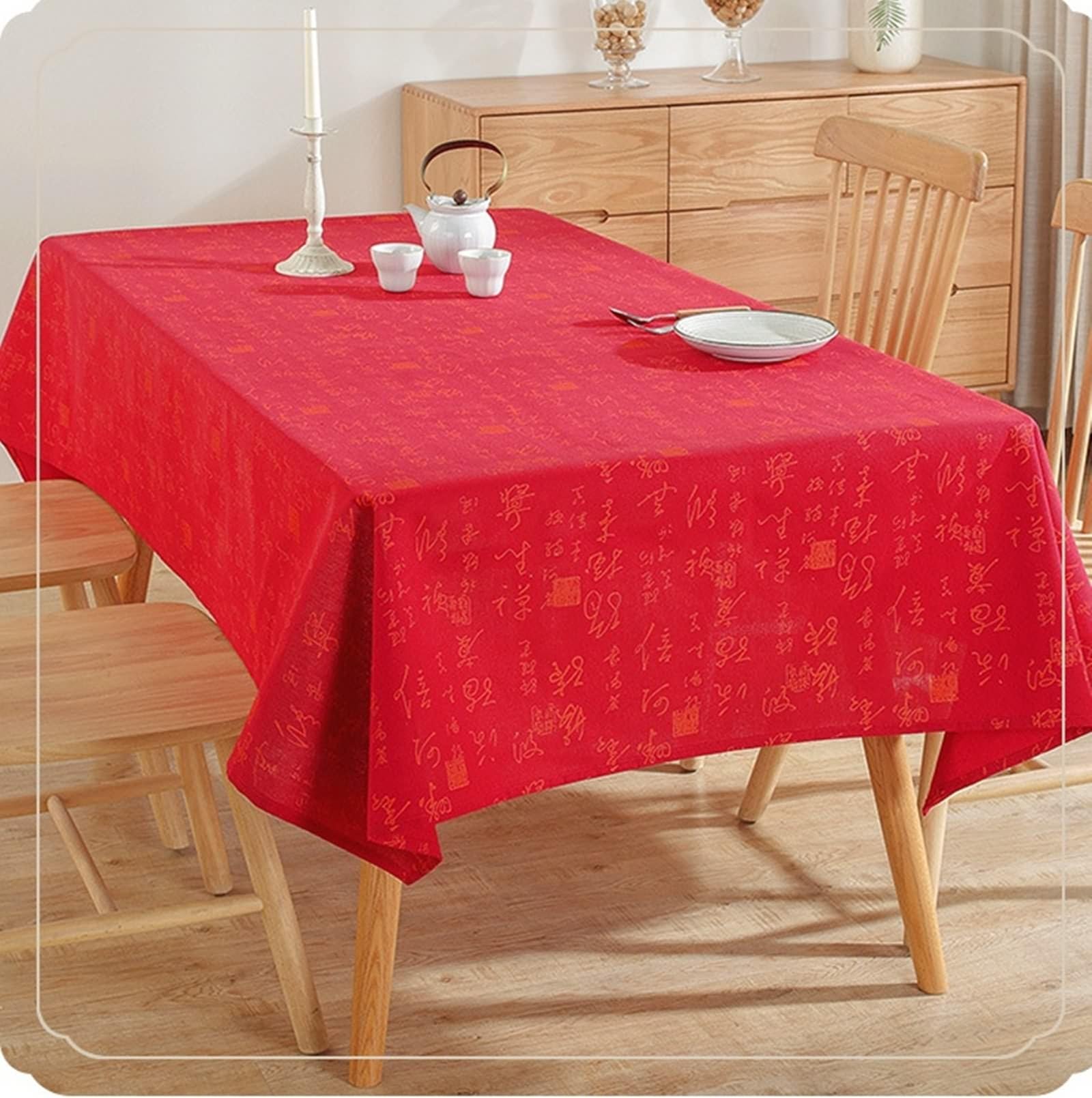 Tovaglia Decorativa Rettangolare, Tovaglie 140 x 180 cm Modello di calligrafia cinese in Poliestere Tovaglia per Casa e Cucina, Tovaglia Elegante per PicnicRosso