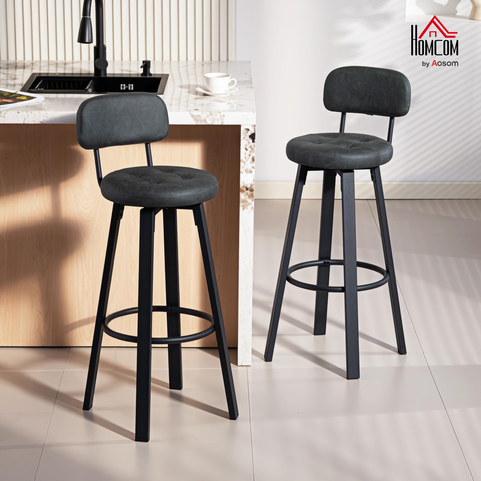 HOMCOM Juego de 2 Taburetes de Bar con Respaldo Tapizados PU Gris Oscuro | Taburetes Altos de Cocina Giratorios, Marco de Metal, Reposapiés, Asiento de 76,5 cm de Altura