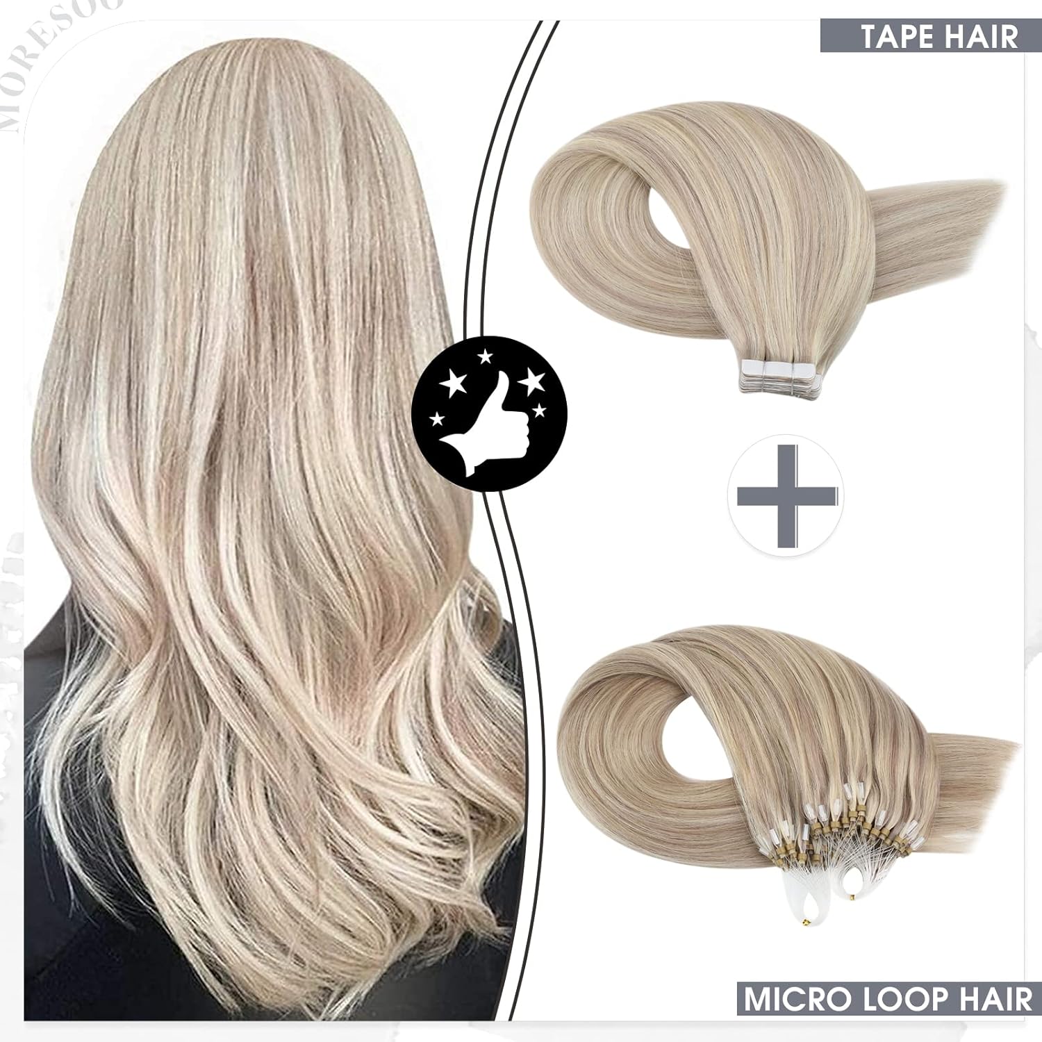 Bundles - Moresoo Tape in Extensions 22inch Beauty Blonde Highlight Natural Hair 20PCS/50G + Microlink Hair Extensions Human Hair 22 Inch #18 Ash Blonde Highlighted with #613 Bleach Blonde 50g/50s