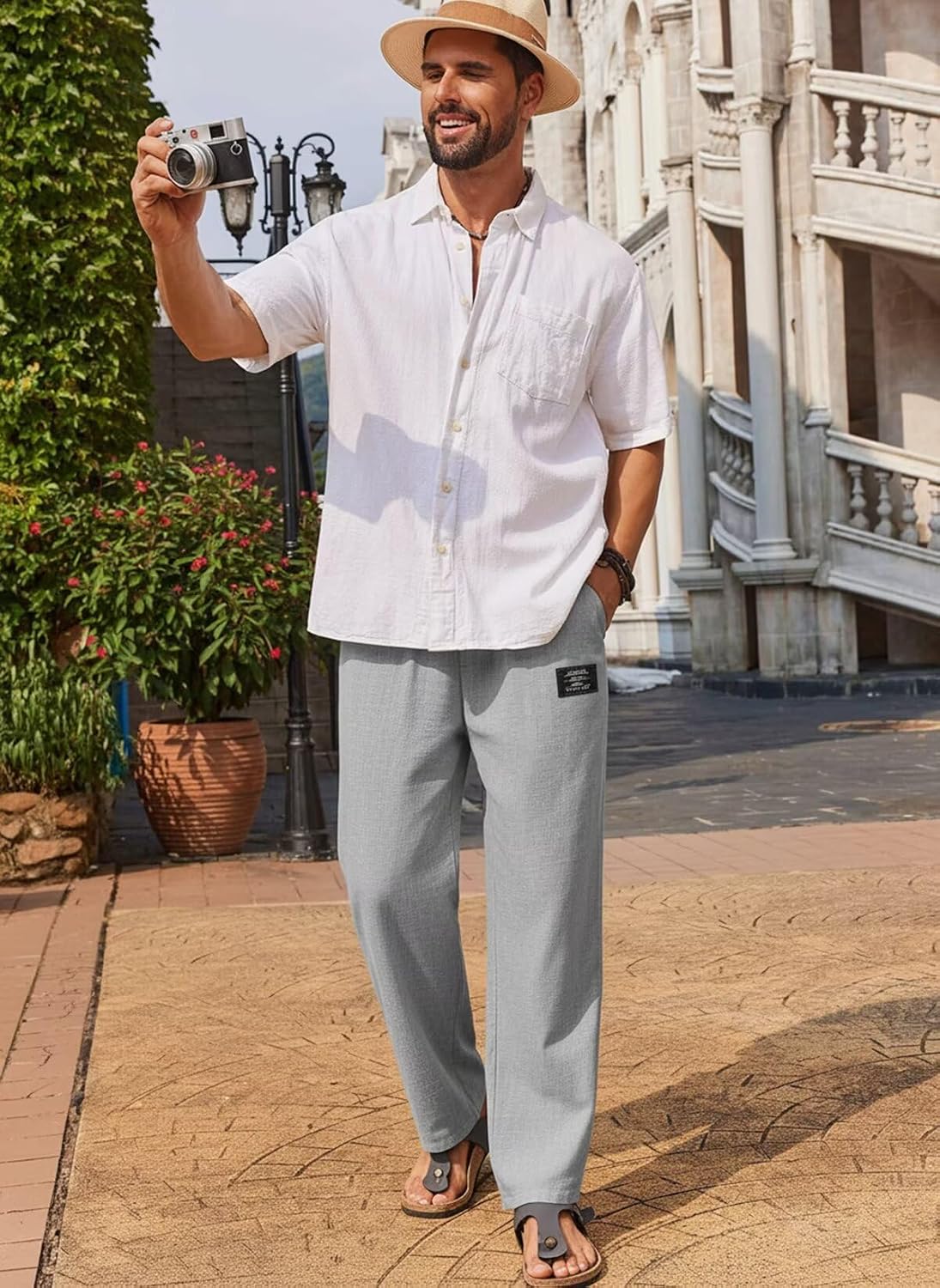 Mens Linen Cotton Pants Drawstring Waist Lightweight Loose Fit Straight Leg Casual Beach Travel