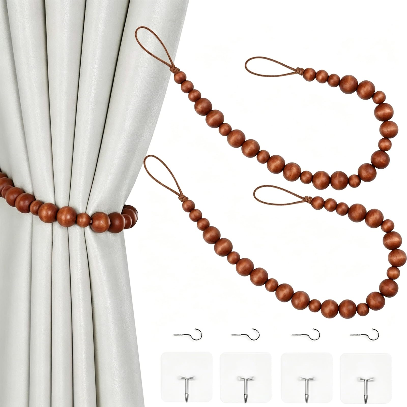 2 Pieces Brown Curtain Tie Backs, Beaded Curtains Tie with Hooks for Bohemian Window Treatments, No-Drill Curtain Holdbacks for Home Decor and Rental Properties-image-23