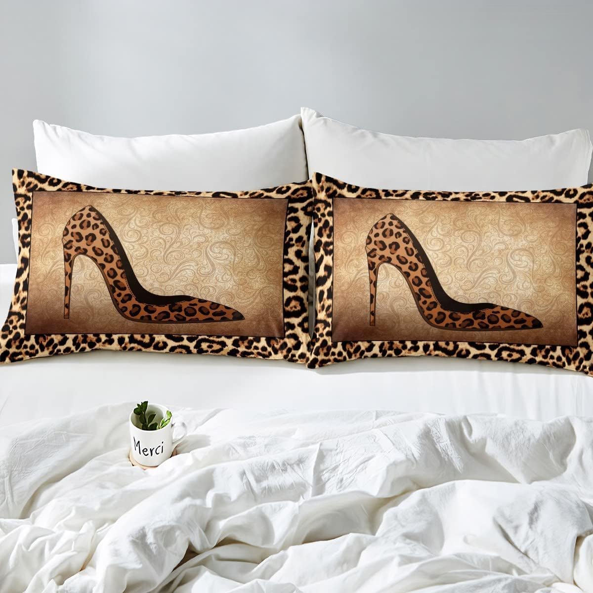 Leopard High Heels Duvet Cover Set King Size Romantic Mandala Floral Bedding Set for Kids Girls Women Adult Room Decor 3pcs Wild Animals Skin Comforter Cover Fashion Brown Quilt Cover,2 Pillowcases