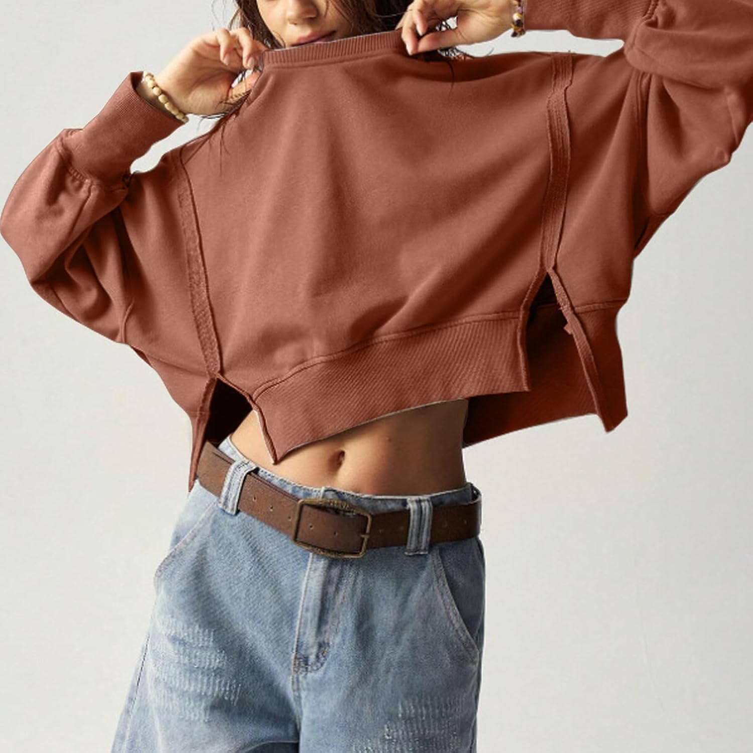 EGUGYDW Womens Crewneck Sweatshirts Cropped Long Sleeve Side Slit Loose Fit Teen Girls 2025 Fall Crop Pullover Tops - Image 7