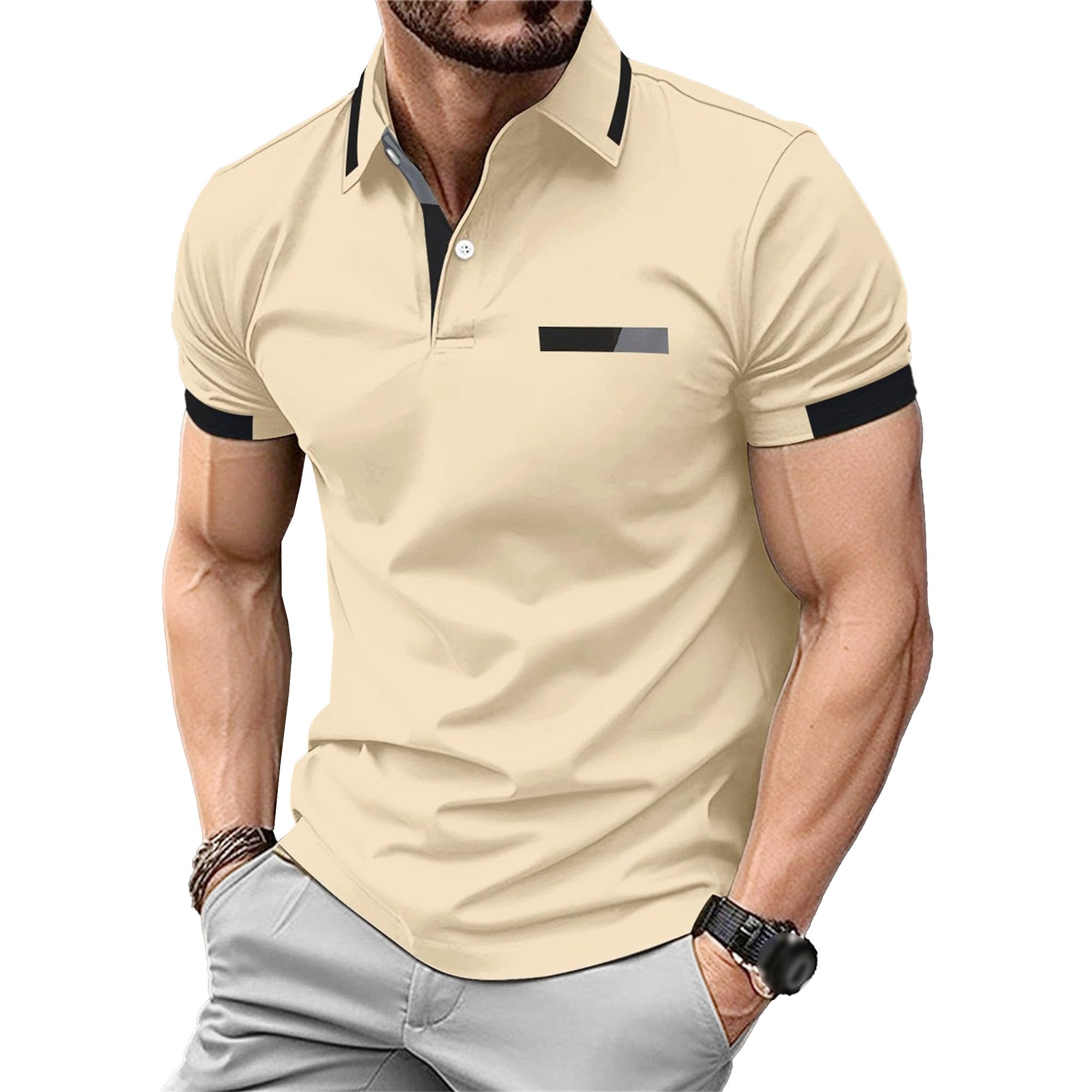 Men Chest Fake Pocket Printed Casual T-Shirt Loose Cozy Breathable Polo Shirt Summer Quarter Button Lapel Sport Top (Khaki,X-Large)