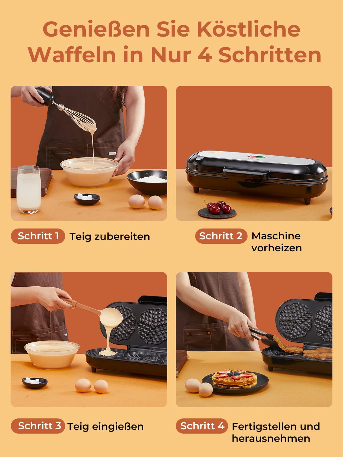 FOHERE King Size Waffeleisen, 15 Herzwaffeln in 2 Minuten, Herzwaffeleisen mit 3 Antihaftbeschichteten Backflächen für klassische Herzwaffeln, Backampel, Edelstahl, ideal für Familie & Party (silbern)