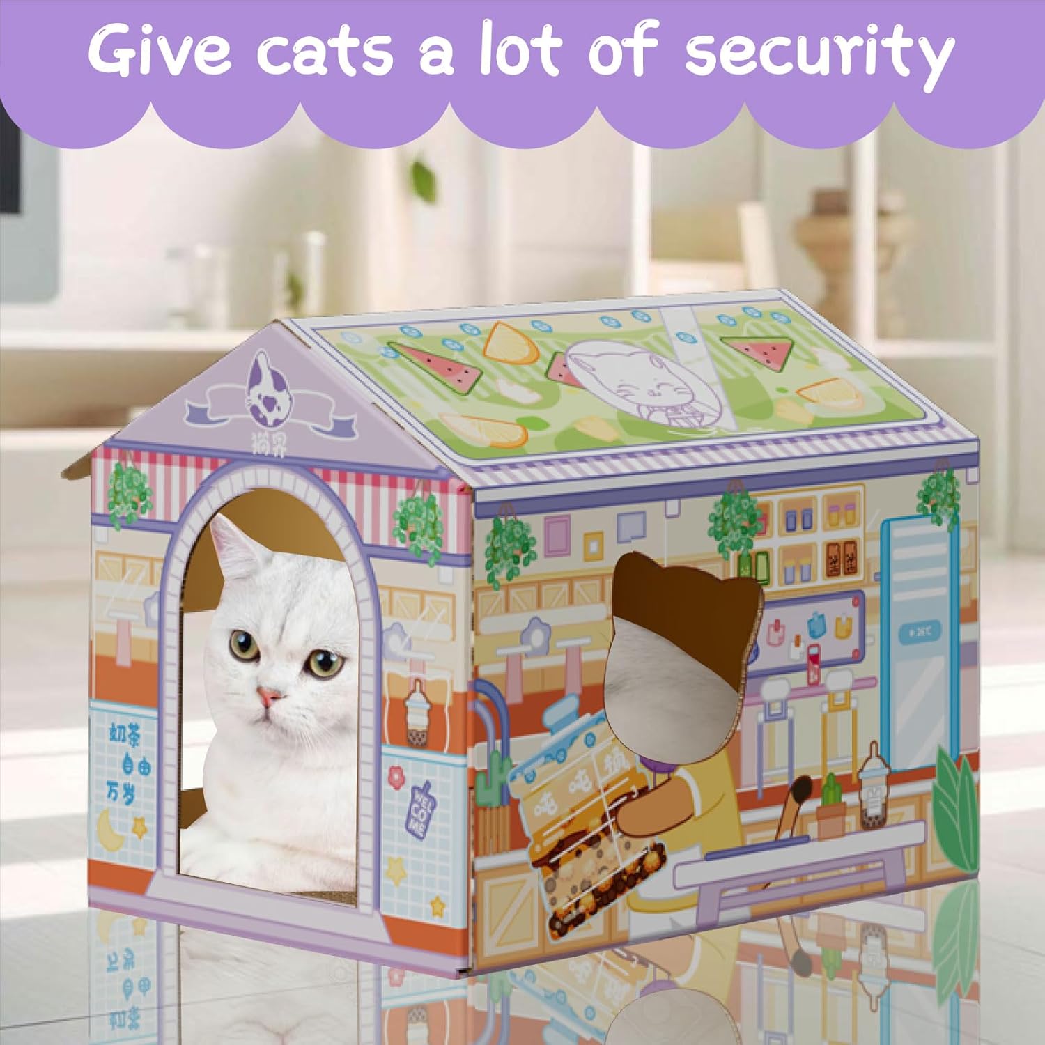 review Cardboard Cat House with Scratcher, Cat Beds for Indoor Cats, Cat Play House, Large Cat Furniture Condo Cave Tent (Large, Milk Tea House)