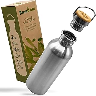 Bambaw 32 oz Water Bottle | Metal Water Bottle | Non-insulated Single Wall Stainless Water Bottle | Steel Water Bottle | Stainless Steel Water Bottles | Travel Water Bottle | 1 Liter Water Bottles