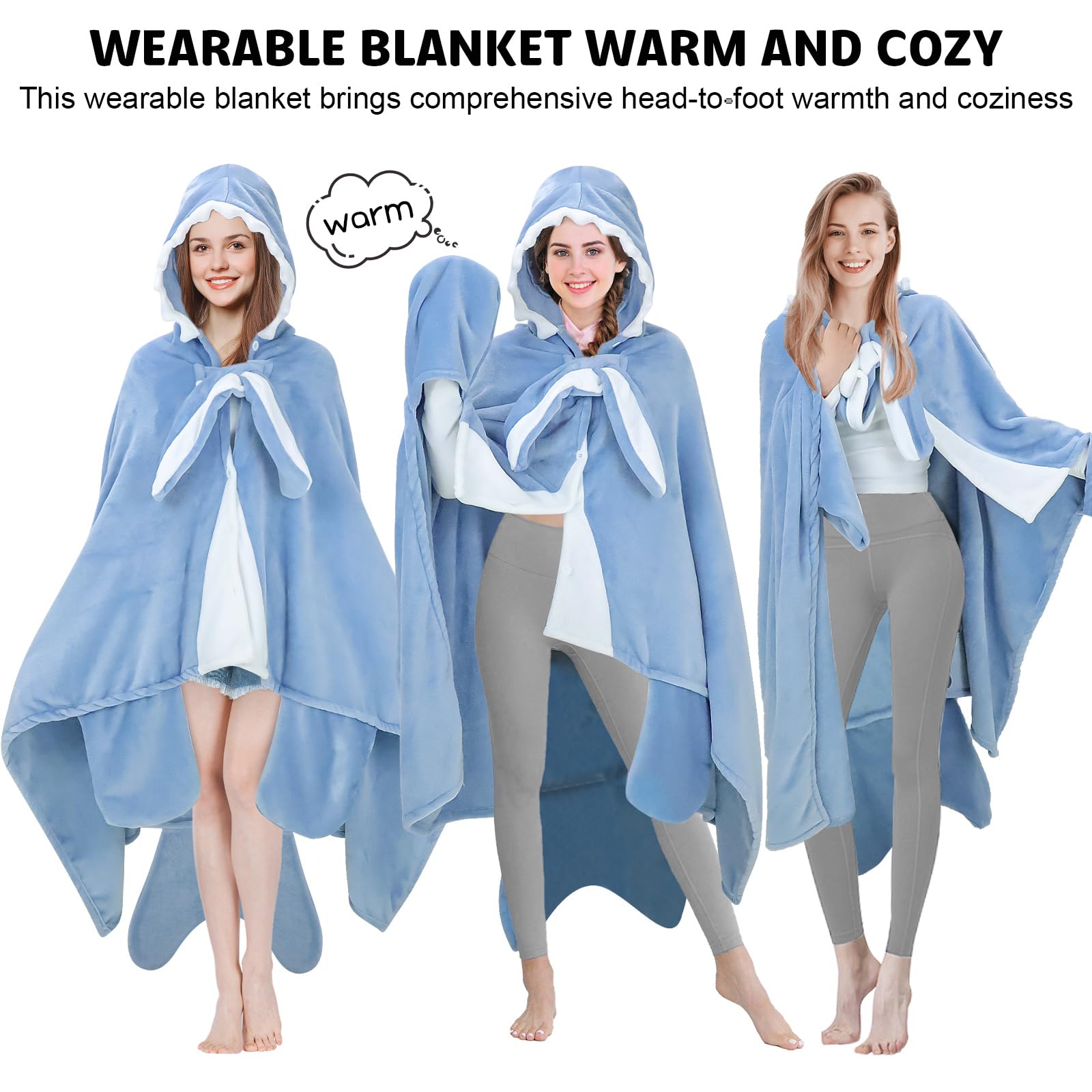 MSISILY Coperta Squalo, Coperta con Maniche e Cappuccio, Coperta Indossabile Donna, Regali di Squalo per Donne, Coperta Divano - Squalo Blu