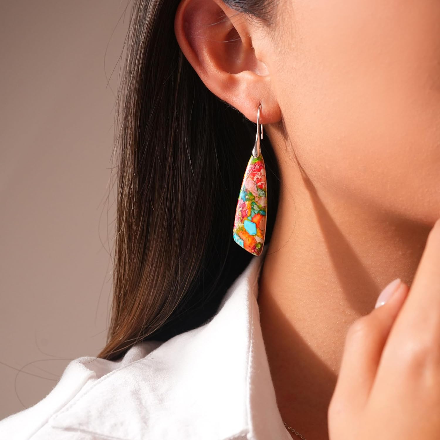 925 Sterling Silver Natural Imperial Jasper Dangle Drop Earrings, Multicolor, Boho Style