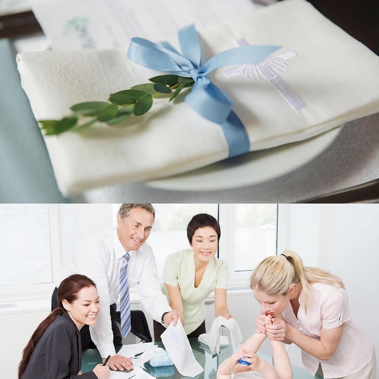 Tudomro 6 Pcs Cross & Shell Baptismal Napkin with Embroidered Christian Baptism Towel Embroidered Baptismal Napkin White Christening Cloth with Cross for Church Home Candidate 12 x 12 Inch (Sliver)
