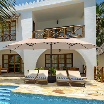 BLUU 15ft Large Patio Umbrellas with Base Included, Outdoor Double-Sided Umbrella with Crank Handle, Powerful UV Protective, for Pool Lawn Garden Beige