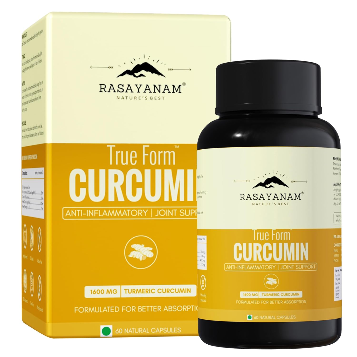 Rasayanam Curcumin 1600mg | Extra-Pure Nano Curcumin Capsules with 95% Curcuminoids | Turmeric & Piperine | Joint Support Supplement for Men & Women – 60 Capsules Rasayanam Curcumin 1600mg | Extra-Pure Nano Curcumin Capsules with 95% Curcuminoids | Turmeric & Piperine | Joint Support Supplement for Men & Women – 60 Capsules