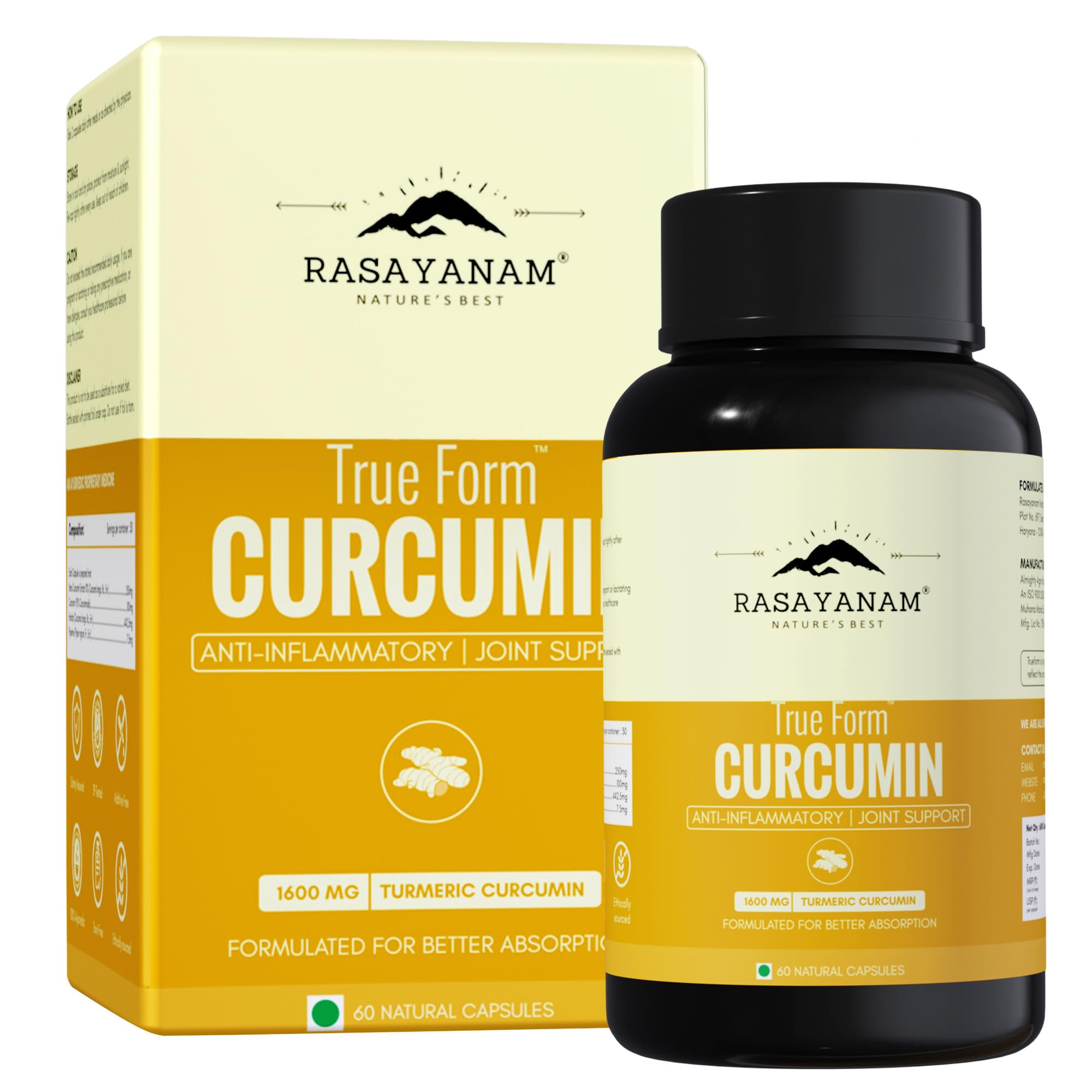 Rasayanam Curcumin 1600mg | Extra-Pure Nano Curcumin Capsules with 95% Curcuminoids | Turmeric & Piperine | Joint Support Supplement for Men & Women - 60 Capsules