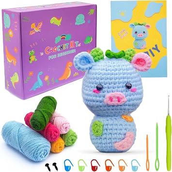 Crochet Kit for Beginners, Crochet Starter Kit with Step-by-Step Video Tutorials, Crochet Animal Kits, Beginner Crochet Kits for Adults and Kids Cute Pig