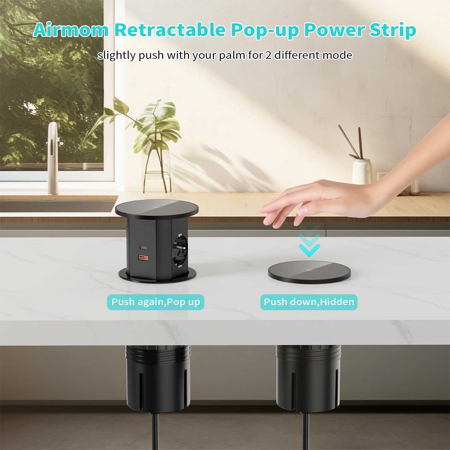 Enchufe retráctil de 2 enchufes con 2 USB-C, 2 USB-A, D 85-95 mm