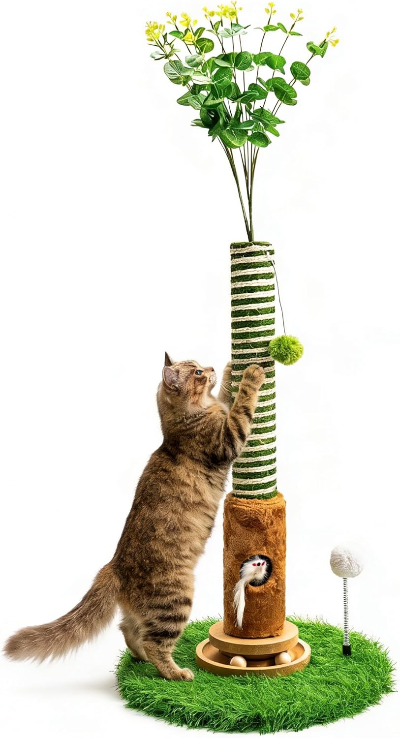 Cat Scratching Post 39'' Tall with Interactive Ball & Mouse Hole for Indoor Adult Cats, Sisal Rope Cat Tree Tower, Kitty Scratcher Furniture with Artificial Grass Tree for Kittens Cat Toys