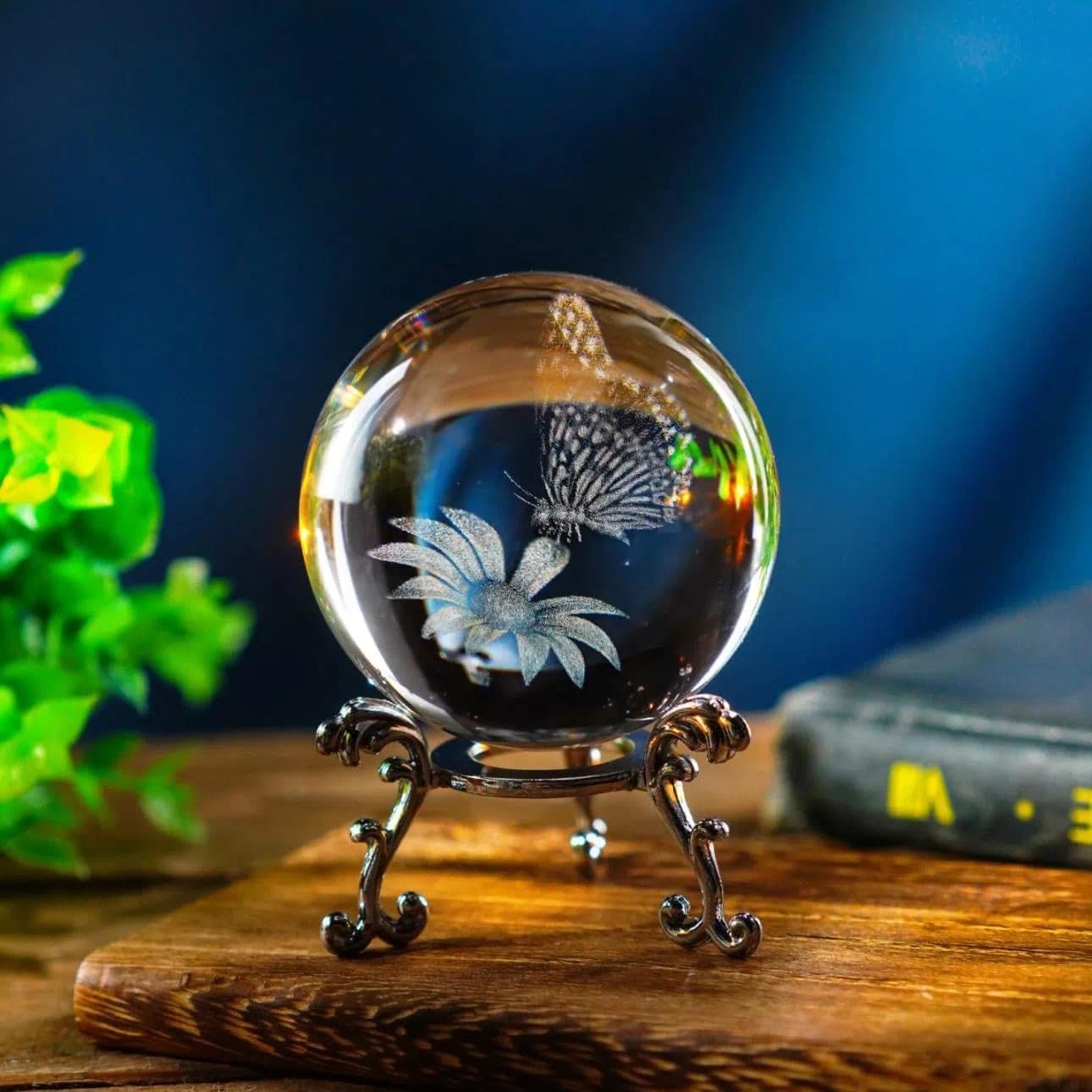 3D Butterfly Crystal Ball 60mm Laser Engraved Decorative Ball with Stand image 4