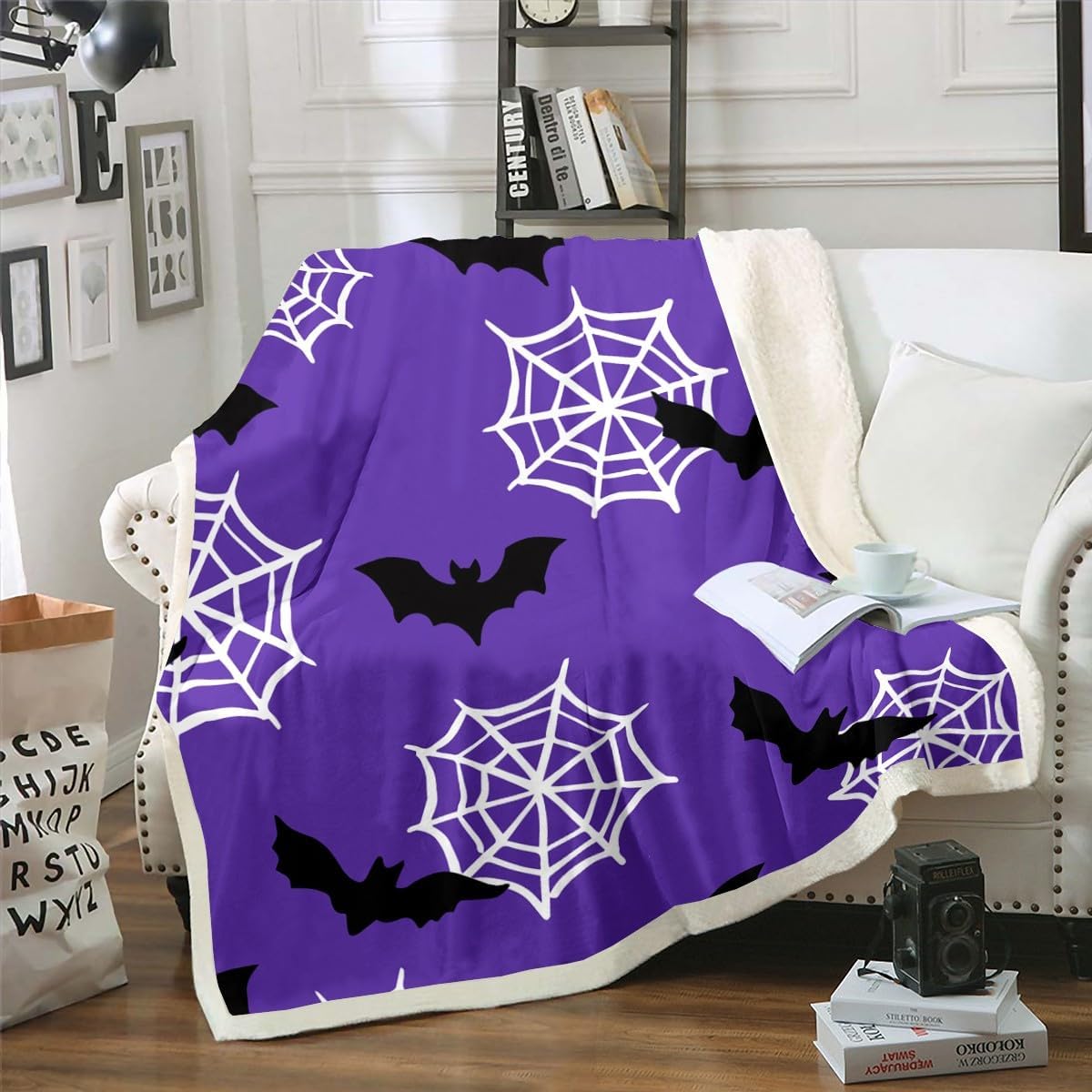 Halloween Bats Halloween Blanket Gothic Halloween Throw Blankets Black and White Fleece Blanket 90"x90",Vintage Silhouette Toddler Blanket Horror Dark Shadows Cobwebs Halloween Decorations