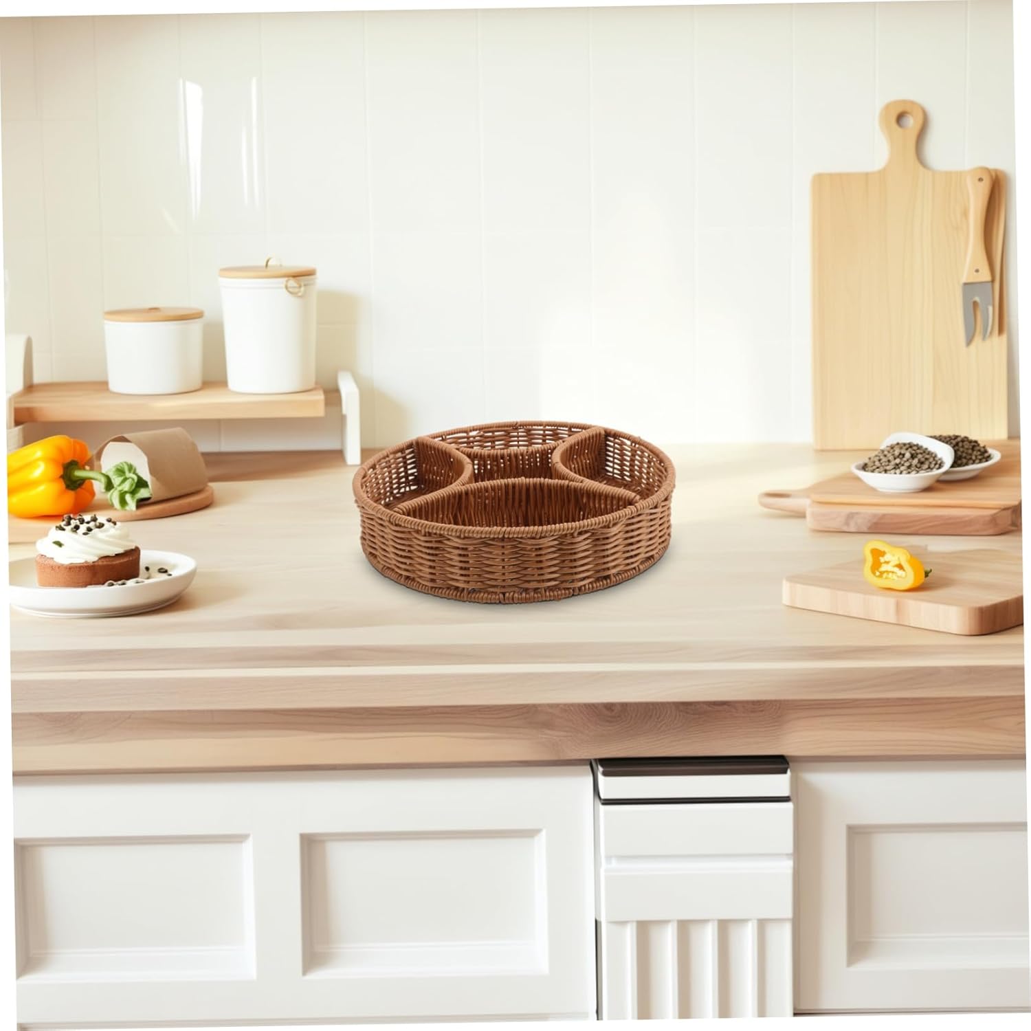 Healvian 5個多機能パーティーフルーツバスケット 割収納付き編み込み模造ラタン製スナックトレイ ジュエリーや小物整理用小型収