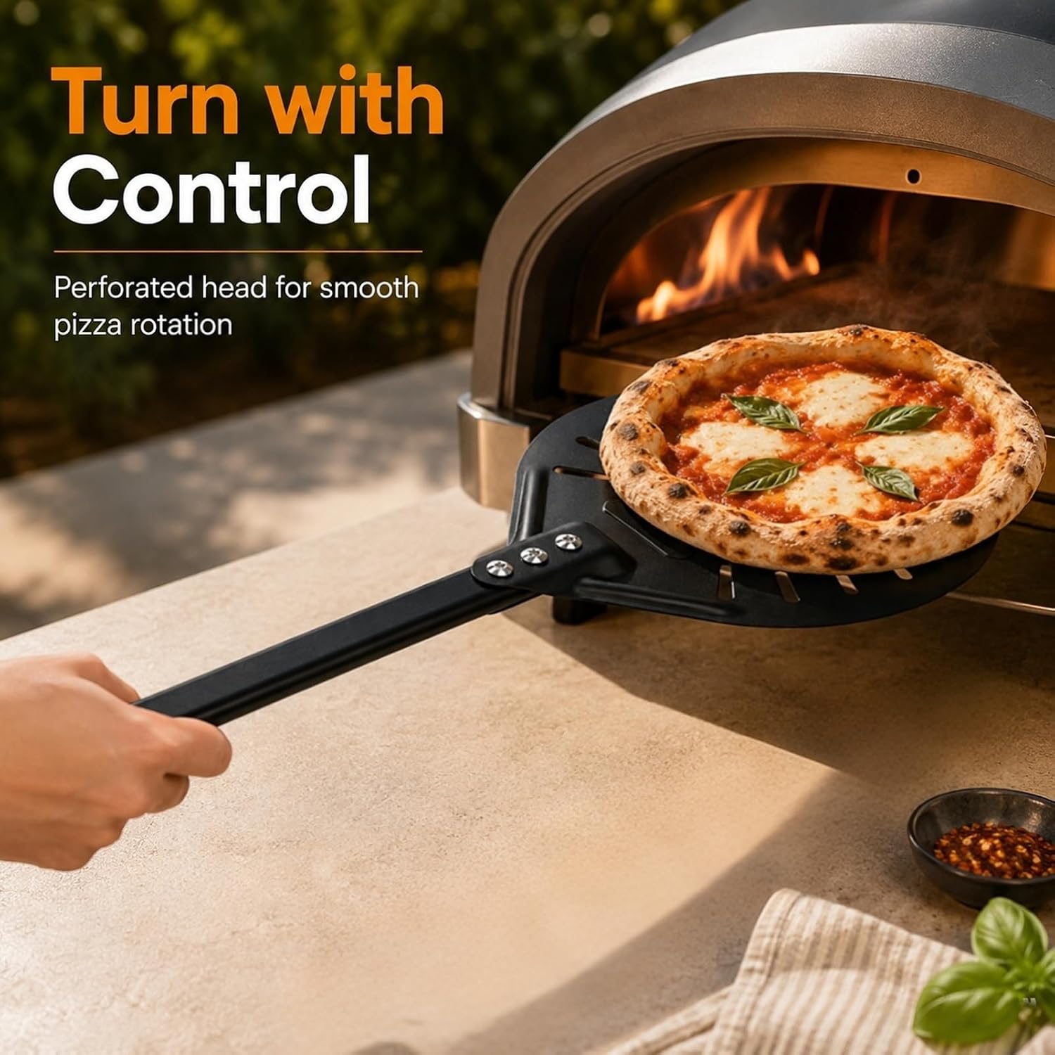 2 Pack Pizza Oven Accessories Kit with Pizza Turning Peel & Wire Cleaning Brush, Perforated Aluminum Pizza Peel with Long Handle and Cleaning Tools for Indoor Outdoor Ovens